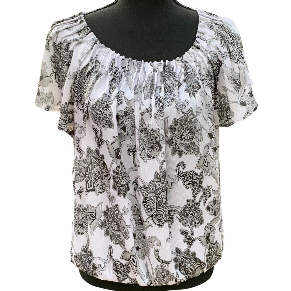 Boho White & Black Size Large Women's Paisley Print Blouse Top Short Sleeve